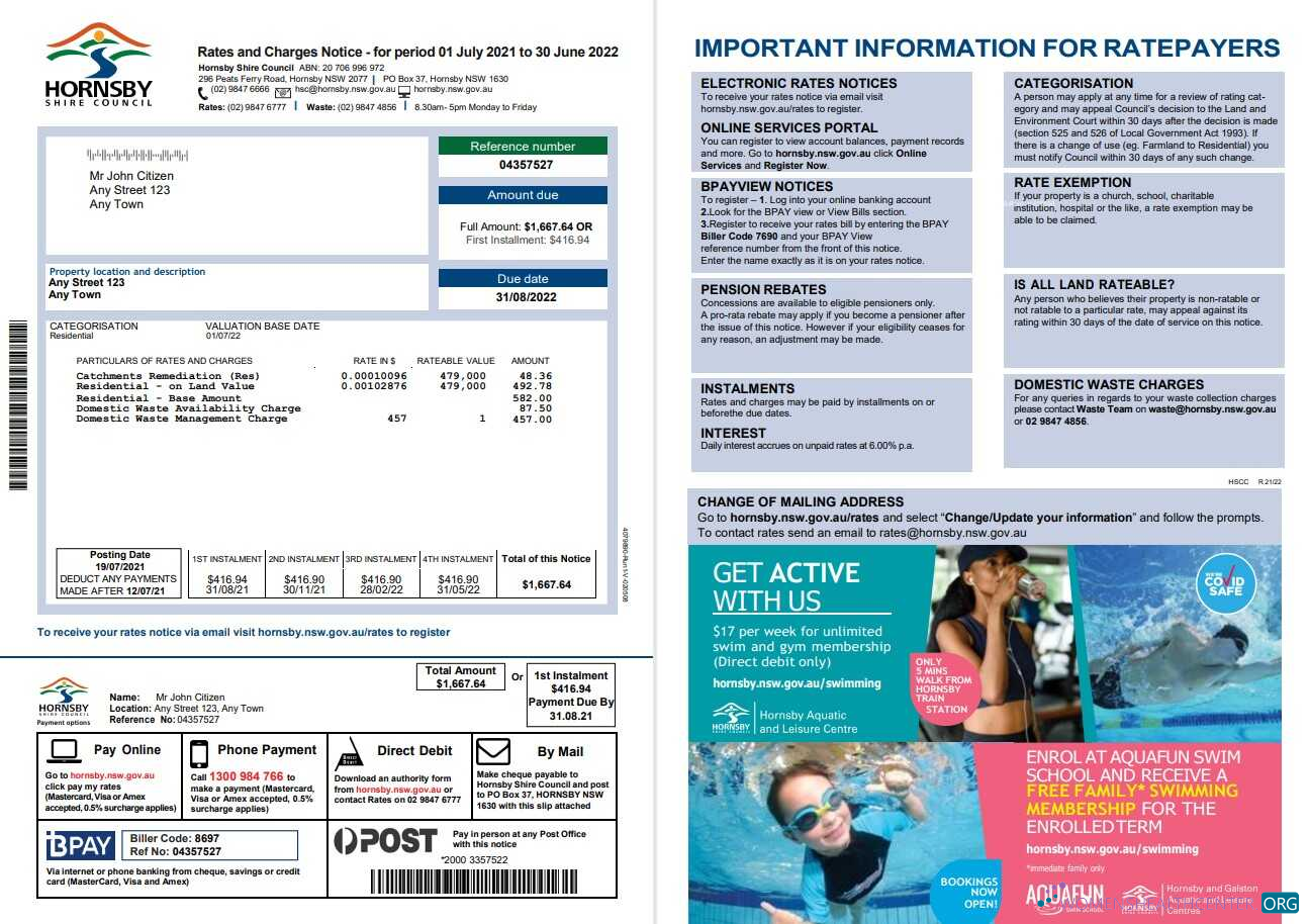 download Australia NSW Hornsby Shire Council utility bill, Word and PDF template, 2 pages PDF template
